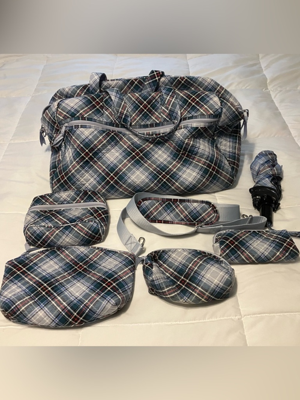 Vera Bradley Plaid Travel Set Duffel Crossbody Cosmetic Bags + Umbrella